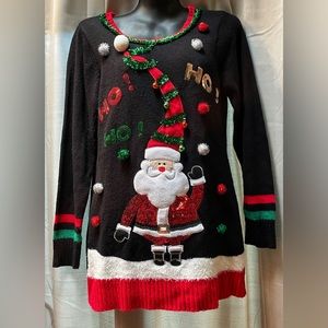 CHRISTMAS SWEATER Black with Santa cute hat fluffy white stripe red green